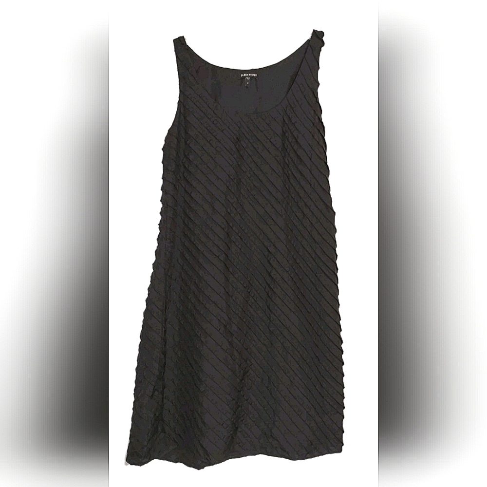 Eileen Fisher Black Silk Tank Dress Diagonal Tiered Ruffle Tucks Scoopneck Sz 8